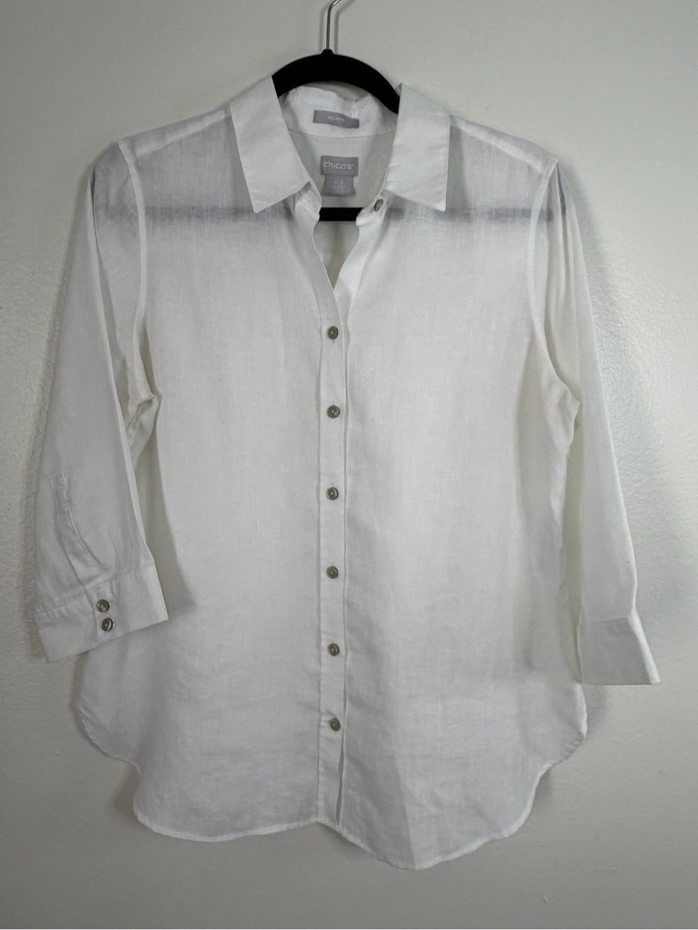 Chico's No Iron Linen Shirt Blouse White 3/4 Sleeves Size 0.5 (Small 6)